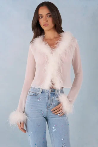 Elisia Feather Trim Sheer Top in Ivory