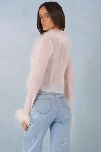 Elisia Feather Trim Sheer Top in Ivory
