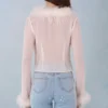 Elisia Feather Trim Sheer Top in Ivory