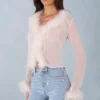 Elisia Feather Trim Sheer Top in Ivory
