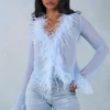 Elisia Feather Trim Sheer Top in Soft Blue