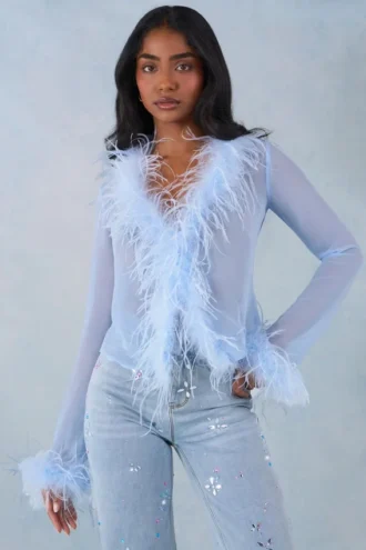 Elisia Feather Trim Sheer Top in Soft Blue