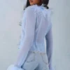 Elisia Feather Trim Sheer Top in Soft Blue