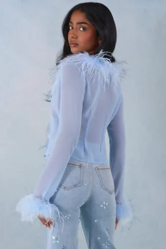 Elisia Feather Trim Sheer Top in Soft Blue