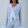 Elisia Feather Trim Sheer Top in Soft Blue