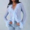 Elisia Feather Trim Sheer Top in Soft Blue