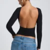 Elli Modal High Neck Long Sleeve Open Back Top in Black