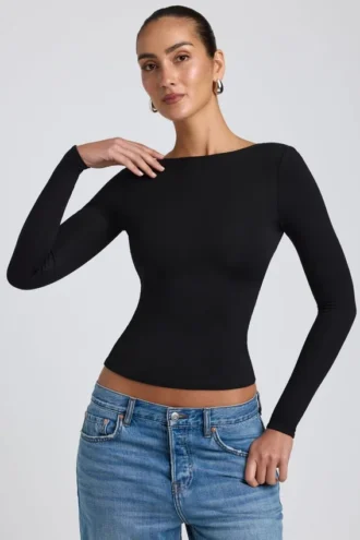 Elli Modal High Neck Long Sleeve Open Back Top in Black