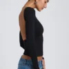 Elli Modal High Neck Long Sleeve Open Back Top in Black