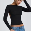Elli Modal High Neck Long Sleeve Open Back Top in Black