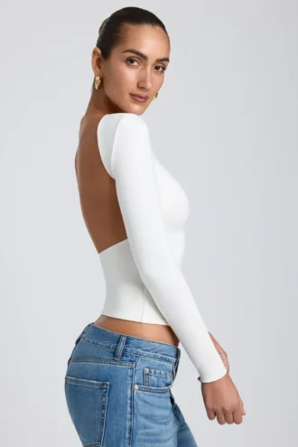 Elli Modal High Neck Long Sleeve Open Back Top in White