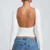 Elli Modal High Neck Long Sleeve Open Back Top in White