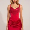 Ellis Satin Sweetheart-Neck A-Line Mini Dress in Rose Red