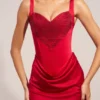 Ellis Satin Sweetheart-Neck A-Line Mini Dress in Rose Red