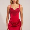 Ellis Satin Sweetheart-Neck A-Line Mini Dress in Rose Red