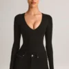 Elodie Modal Plunge Long-Sleeve Bodysuit in Black