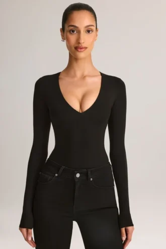 Elodie Modal Plunge Long-Sleeve Bodysuit in Black