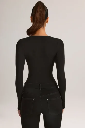 Elodie Modal Plunge Long-Sleeve Bodysuit in Black