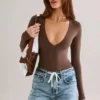 Elodie Modal Plunge Long-Sleeve Bodysuit in Chocolate Brown