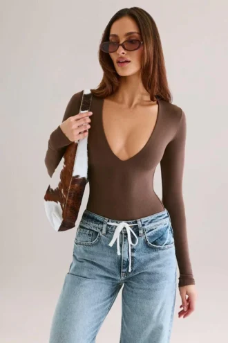 Elodie Modal Plunge Long-Sleeve Bodysuit in Chocolate Brown