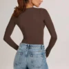 Elodie Modal Plunge Long-Sleeve Bodysuit in Chocolate Brown
