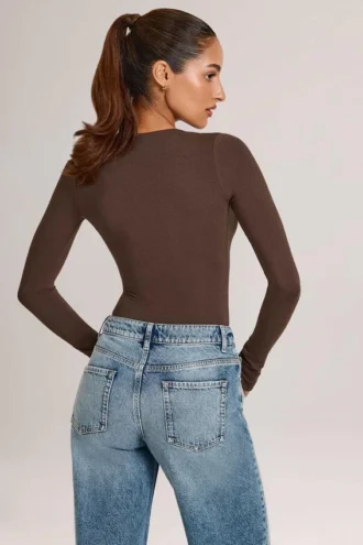 Elodie Modal Plunge Long-Sleeve Bodysuit in Chocolate Brown