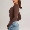 Elodie Modal Plunge Long-Sleeve Bodysuit in Chocolate Brown