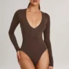 Elodie Modal Plunge Long-Sleeve Bodysuit in Chocolate Brown