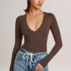 Elodie Modal Plunge Long-Sleeve Bodysuit in Chocolate Brown