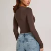 Elodie Modal Plunge Long-Sleeve Bodysuit in Chocolate Brown
