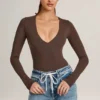 Elodie Modal Plunge Long-Sleeve Bodysuit in Chocolate Brown