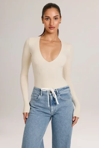Elodie Modal Plunge Long-Sleeve Bodysuit  in Ivory
