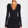 Elona Ribbed Modal Long-Sleeve Draped Mini Dress in Black