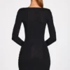 Elona Ribbed Modal Long-Sleeve Draped Mini Dress in Black