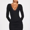 Elona Ribbed Modal Long-Sleeve Draped Mini Dress in Black