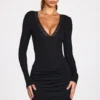 Elona Ribbed Modal Long-Sleeve Draped Mini Dress in Black