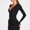 Elona Ribbed Modal Long-Sleeve Draped Mini Dress in Black