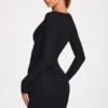 Elona Ribbed Modal Long-Sleeve Draped Mini Dress in Black