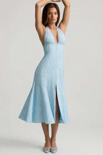 Elonia Halterneck Midaxi Dress in Blue Flower Print