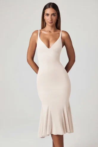 Elowen V-Neck Godet  Midaxi Dress in Ivory
