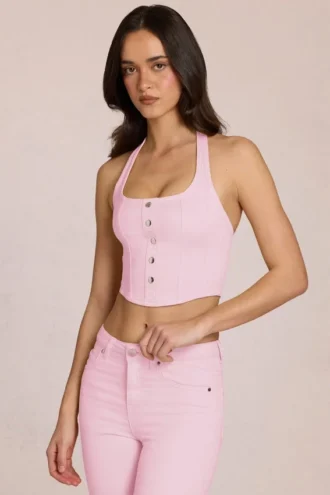 Elowis Denim Halterneck Corset Style Top in Blossom Pink