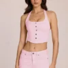 Elowis Denim Halterneck Corset Style Top in Blossom Pink