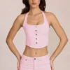 Elowis Denim Halterneck Corset Style Top in Blossom Pink