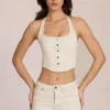 Elowis Denim Halterneck Corset Style Top in Ivory