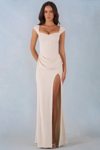 Elva Modal Sweetheart-Neck Cowl-Waist Maxi Dress in Ivory