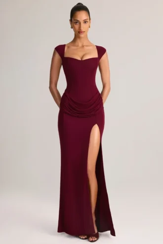 Elva Modal Sweetheart-Neck Cowl-Waist Maxi Dress in Wine