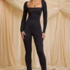 Elvina Petite Slinky Jersey Cowl-Neck Jumpsuit in Black
