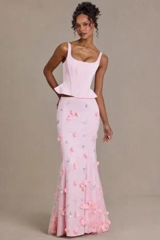Elvira Premium Satin Lace-Up Corset Top in Baby Pink