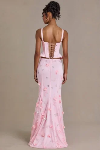 Elvira Premium Satin Lace-Up Corset Top in Baby Pink