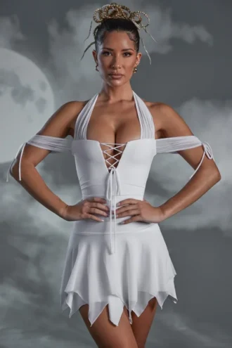 Elvyra Lace Up Halter Neck Mini Dress in White